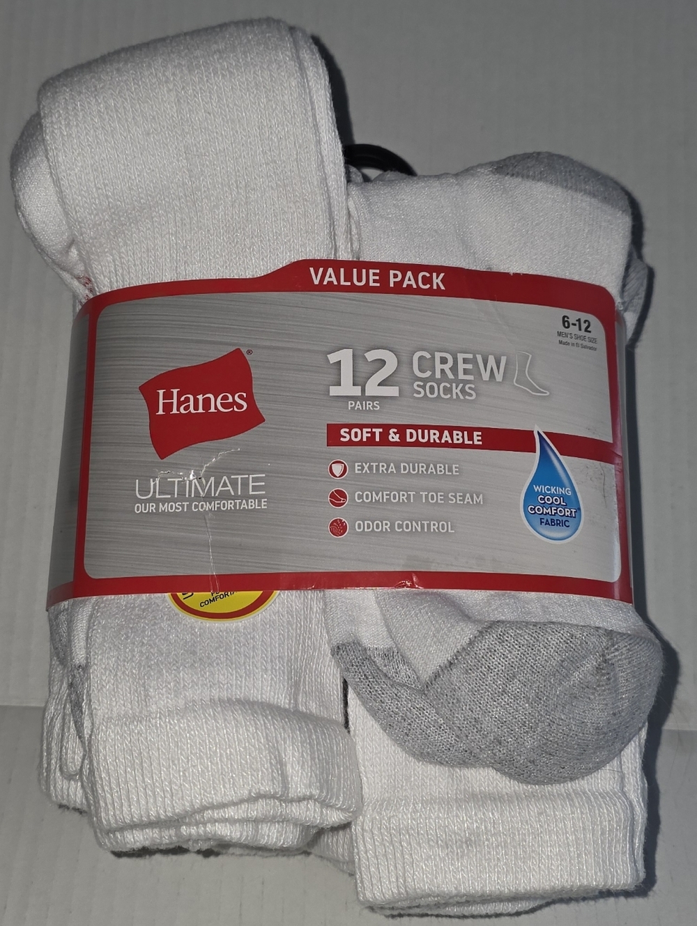 NWT Hanes Men's 12-Pack White Crew Socks - Soft & Durable Size: 6-12